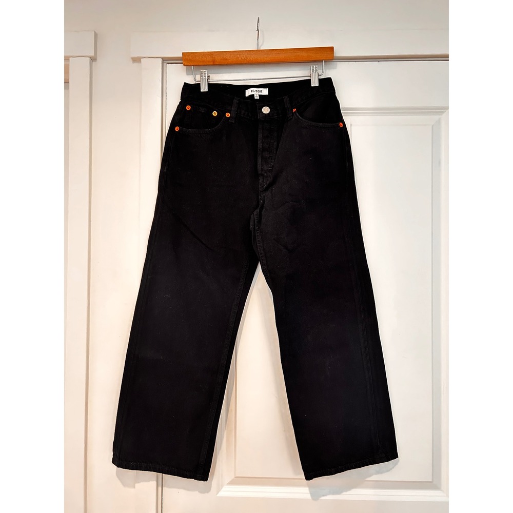 NWT RE/DONE High Rise Loose Crop Jeans Black Denim Size 24 Wide Structured Boho - Picture 2 of 12